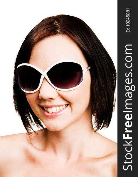 Close-up of a woman wearing sunglasses isolated over white. Close-up of a woman wearing sunglasses isolated over white