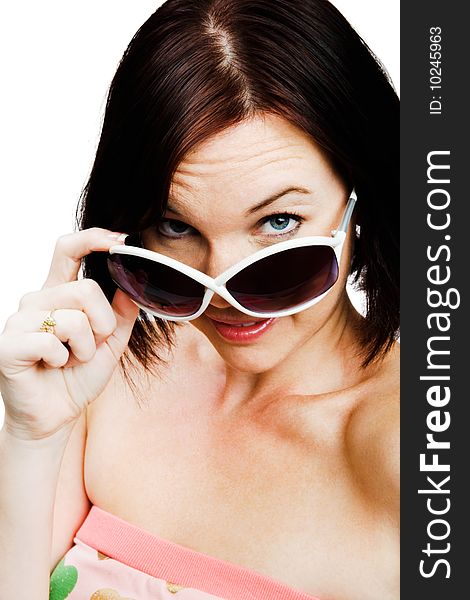 Portrait of a woman wearing sunglasses isolated over white. Portrait of a woman wearing sunglasses isolated over white