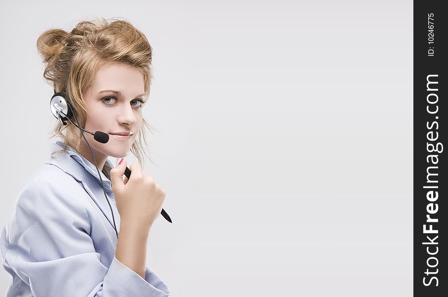 Woman wearing headset isolated space for text