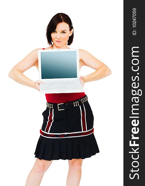 Portrait of a young woman holding a laptop isolated over white. Portrait of a young woman holding a laptop isolated over white