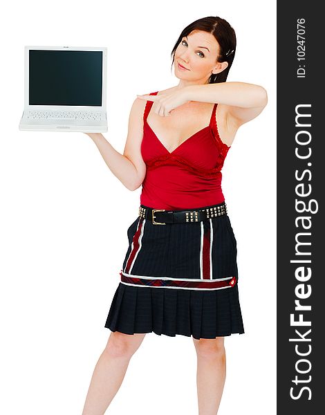 Portrait of a young woman holding a laptop isolated over white. Portrait of a young woman holding a laptop isolated over white
