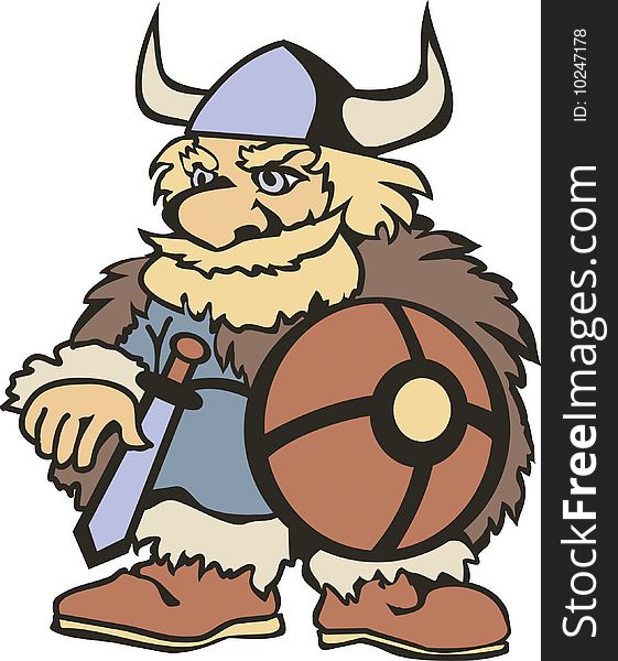 Cartoon: vicing, medieval warrior with sword, shield, helmet