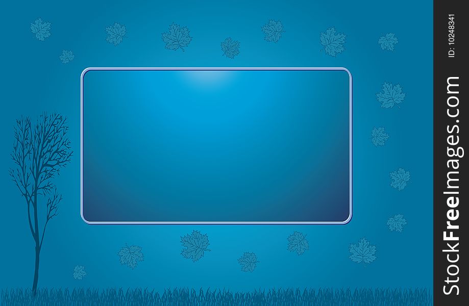 Blue background frame with autumn leaves and a leafless tree. Blue background frame with autumn leaves and a leafless tree.