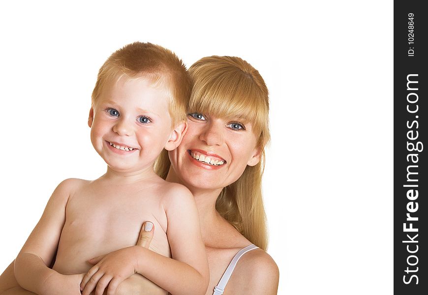 Young mum with the small son on a white background. Young mum with the small son on a white background