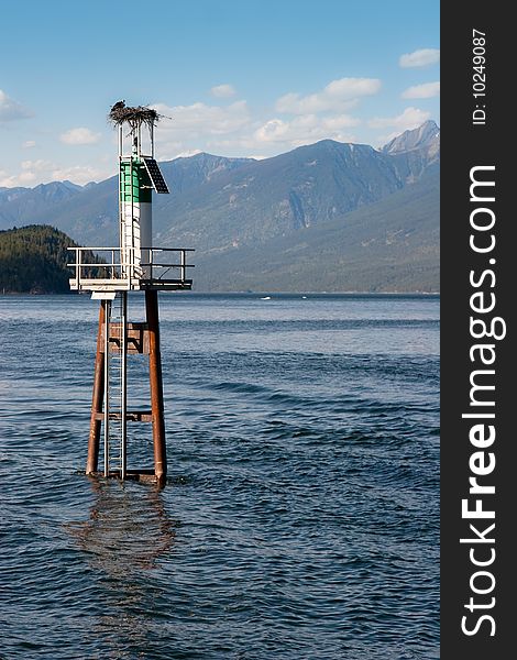 Eagle's nest on lighthouse in middle of lake