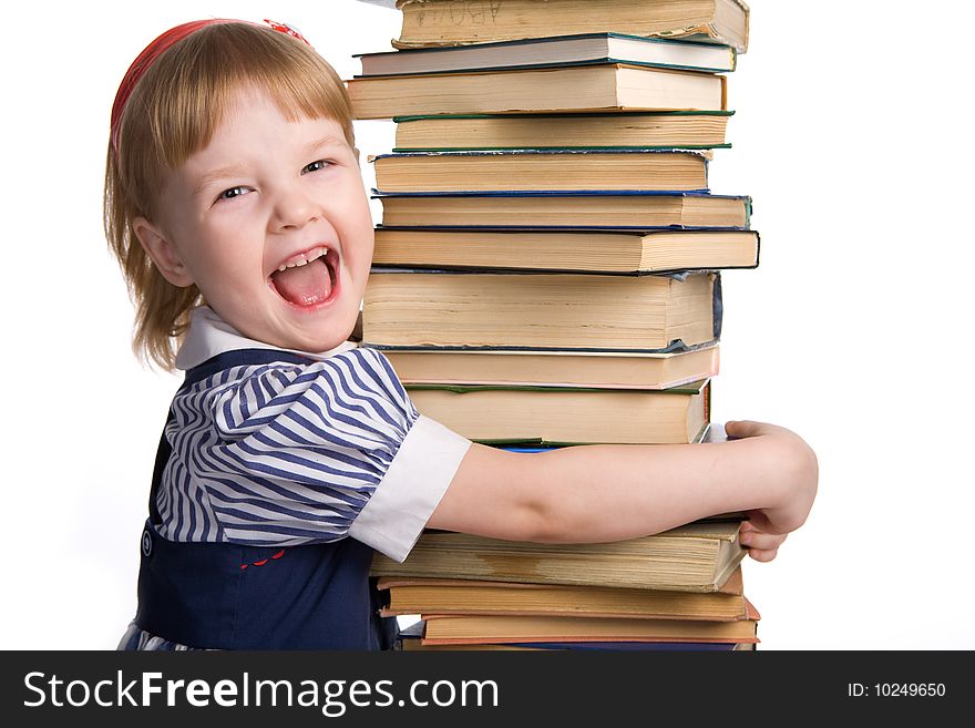 Little baby with books isolated on white background