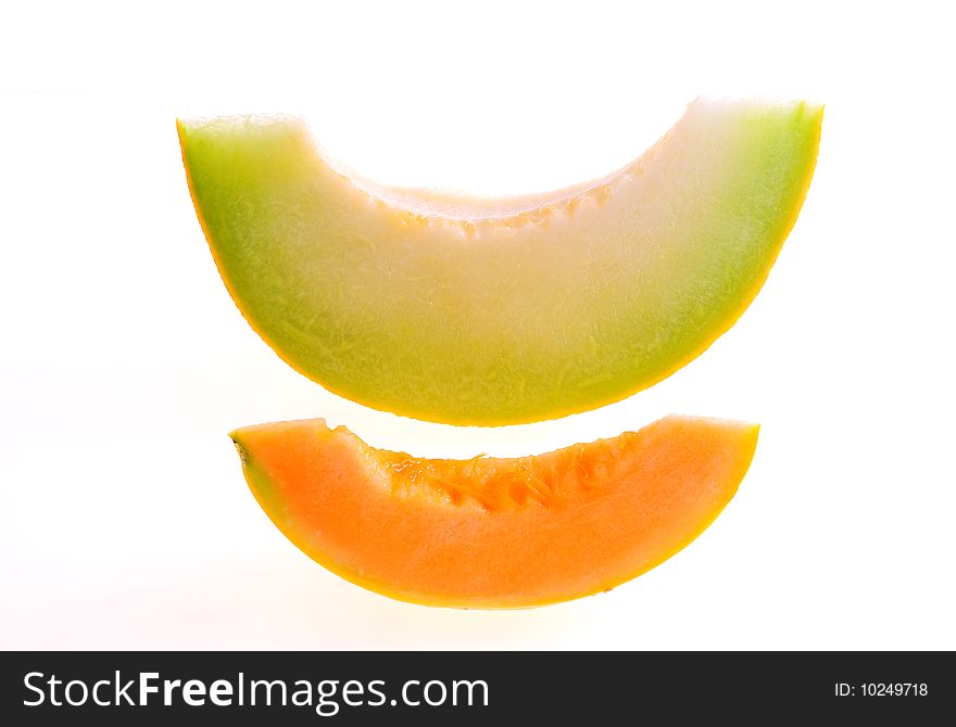 Melon slices on white background.