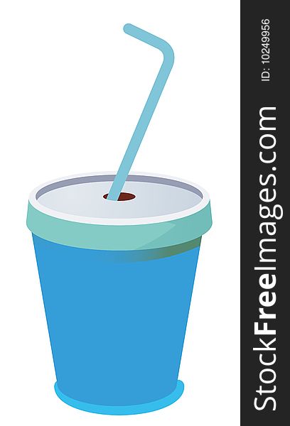 Blue plastic cup with a straw on a white background