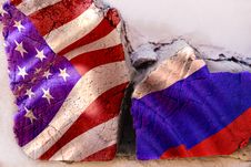 Symbol Of Crisis Relations Between Countries. Square Log Wood With Flags Of USA And Russia Stock Images Symbol Of Crisis Relations Between Countries. Square Log Wood With Flags Of USA And Russia Stock Images