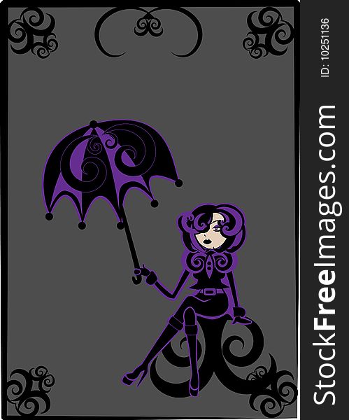 Vector illustration of  cool Young woman in gothic style with  umbrella
