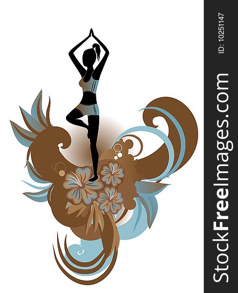 Vector illustration of woman practisig yoga tree pose with stylized hibiscus and others floral elements. Vector illustration of woman practisig yoga tree pose with stylized hibiscus and others floral elements