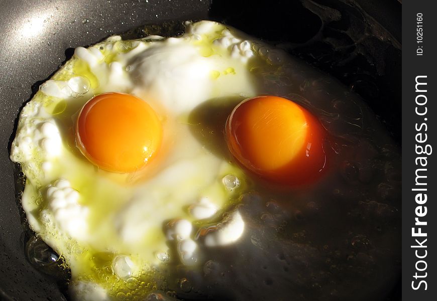 Two eggs fried in a pan, illuminated by the sun