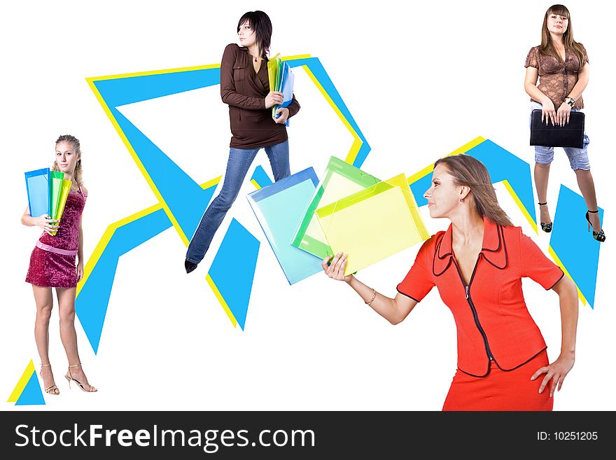 The young beautiful businesswoman at office behind work on a white background. The young beautiful businesswoman at office behind work on a white background