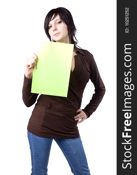 The young beautiful businesswoman at office behind work on a white background. The young beautiful businesswoman at office behind work on a white background