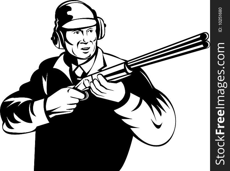 Vector illustration of a Hunter aiming  a rifle on white background black and white