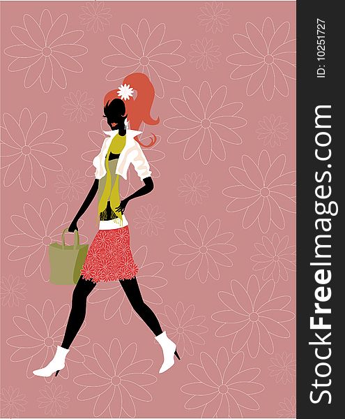 Vector illustration of walking young woman silhouette on the funky floral background.