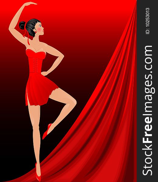 The young girl the ballerina dances dance on a stage on a background of a velvet curtain in a vector