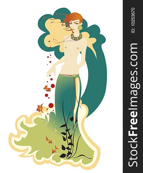 Vector illustartion of beautiful mermaid, decorated with flowers, fishes and seaweed.