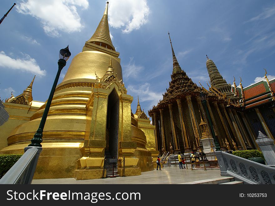 A thai golden pagoda in grand palace in Bangkok, taken by wide angle lens