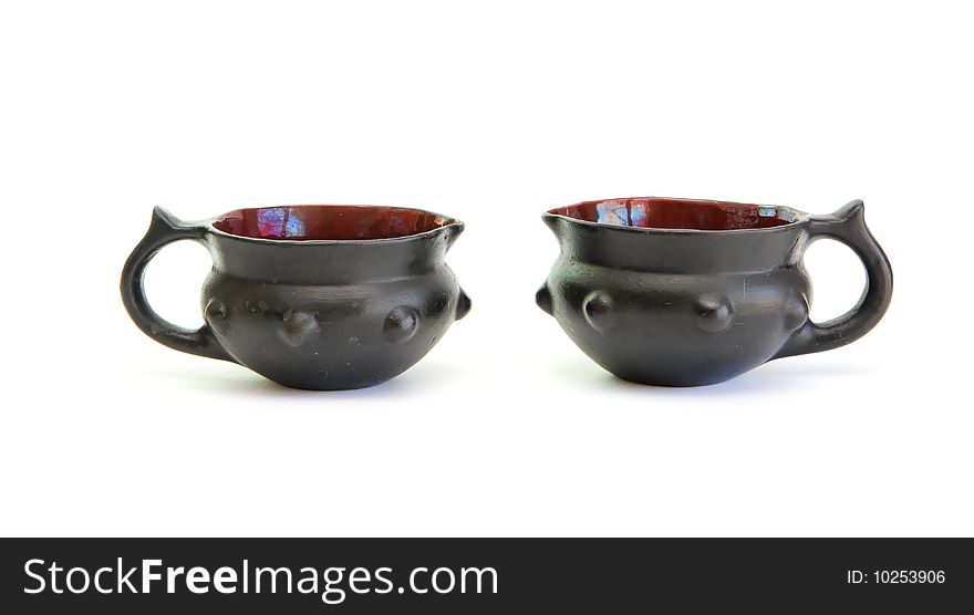 Two black decorative ceramic pots isolated on white background