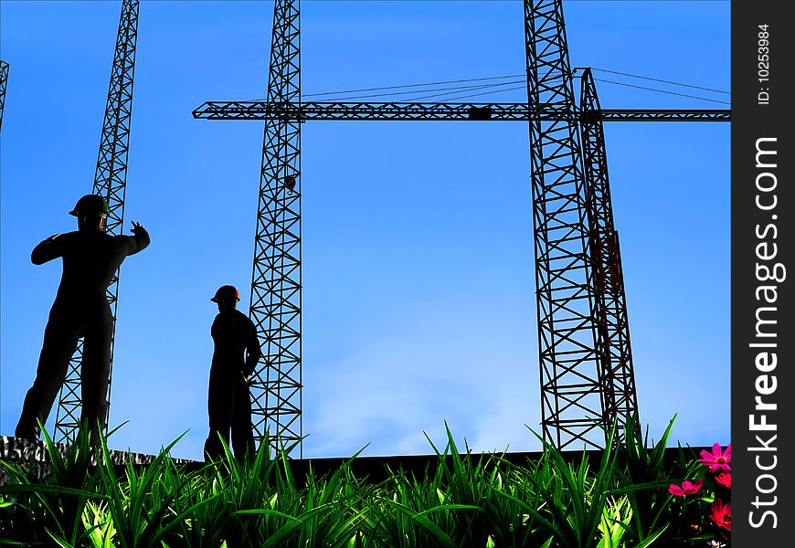 Group of the workers on a background of the sky