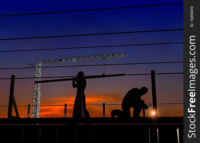 Group of the workers on a background of the sky