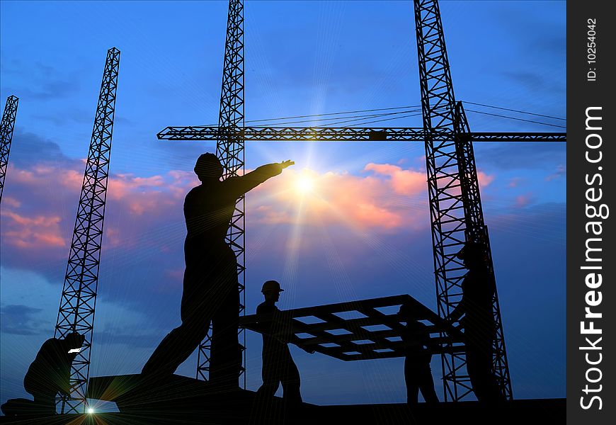 Group of the workers on a background of the sky