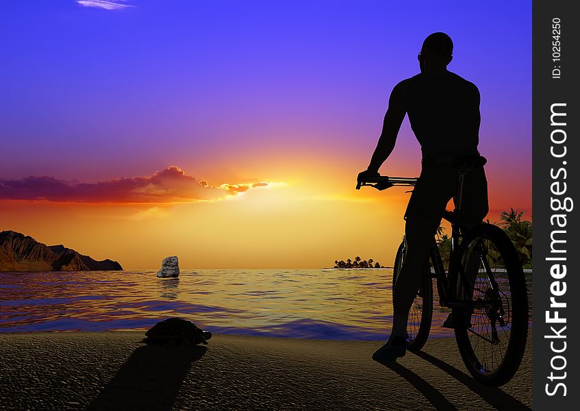Silhouette of man on a bicycle  on a background landscape