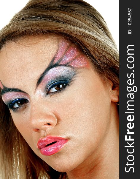 Young attractive female beauty, makeup concept, studio shot gainst white