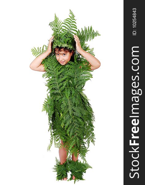 Pretty little girl dressed in green plant leafs