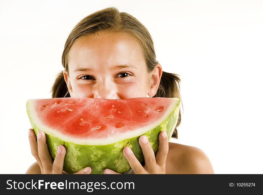 Young girl with a watermelon as smile. Young girl with a watermelon as smile