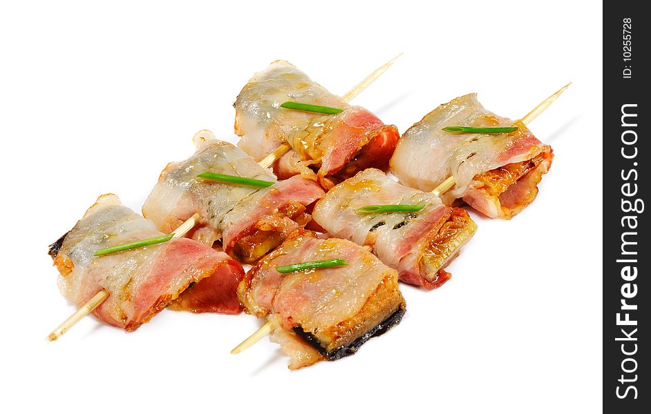 Japanese Cuisine - Smoked Conger Wrapped in Bacon. Japanese Cuisine - Smoked Conger Wrapped in Bacon