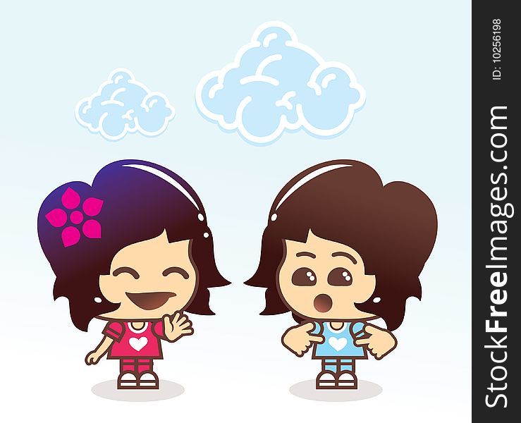 Illustration with funny girls and clouds