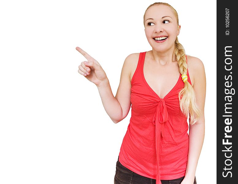 Happy smiling woman pointing towards white  copyspace. Happy smiling woman pointing towards white  copyspace