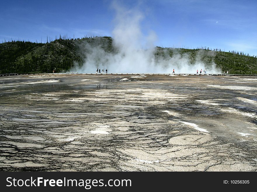 This was shot in Yellowstone National Park in July, 2009. The boardwalk is leading to geothermal features of the national park. With half of the earthÃ¢â‚¬â„¢s geothermal features, Yellowstone holds the planetÃ¢â‚¬â„¢s most diverse and intact collection of geysers, hot springs, mudpots, and fumaroles. Its more than 300 geysers make up two thirds of all those found on earth