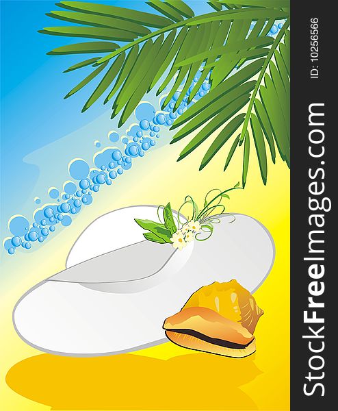 Hat and cockleshell among the branches of palms. Vector ilustration