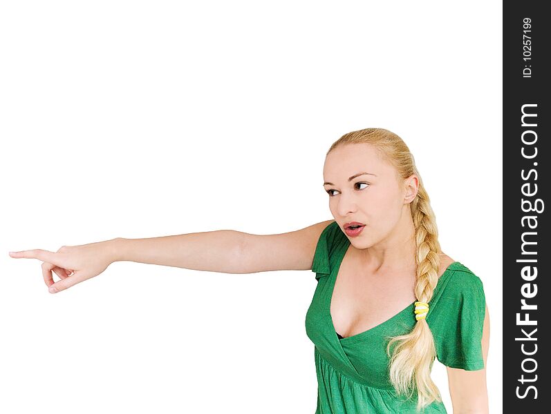 Woman Pointing Towards Copyspace