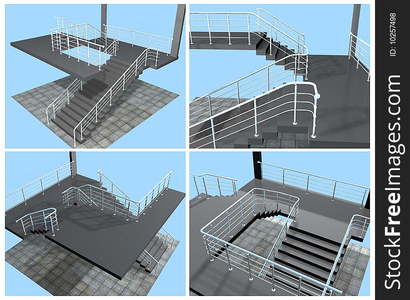 3d model stairway indoor, four foreshortenings