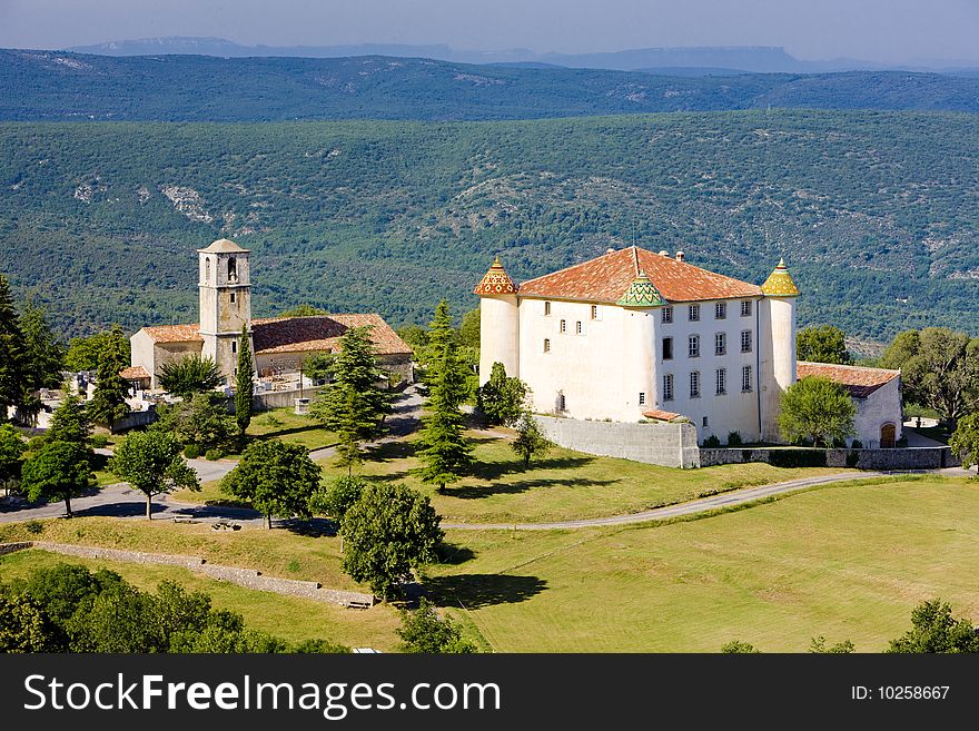 Church and chateau in Aiguines, Var Departement, Provence, France
