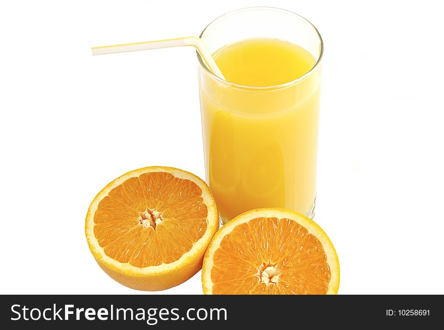 Glass of juice with slices of fresh orange isolated over white. Glass of juice with slices of fresh orange isolated over white.