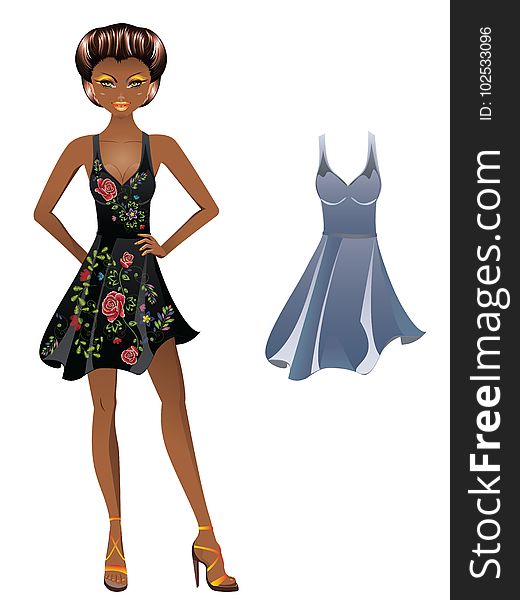 Fashion cartoon girl in a dress with floral embroidery. Fashion cartoon girl in a dress with floral embroidery.