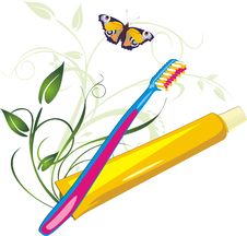 Sprig With Butterfly, Tooth Brush And Paste Royalty Free Stock Images Sprig With Butterfly, Tooth Brush And Paste Royalty Free Stock Images