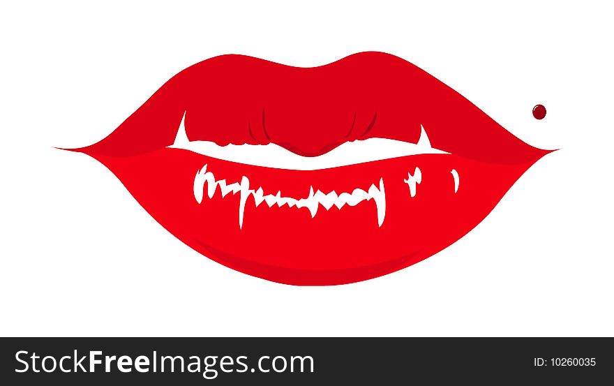 Big red lips with sharp teeth and beauty mole. Big red lips with sharp teeth and beauty mole