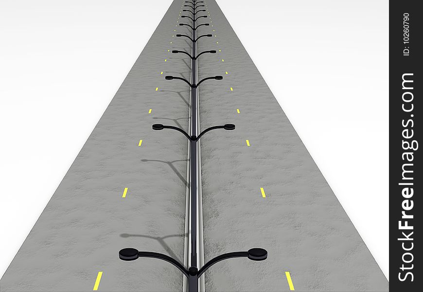 3D rendered image of a road with streetlamps