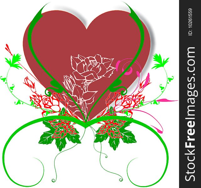 Floral design with red hart and roses. Floral design with red hart and roses