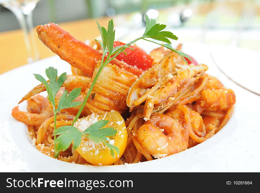 Italy seafood noodles on white dish