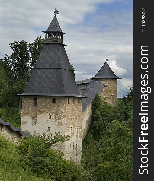 Stone walls and  towers of ancient castle