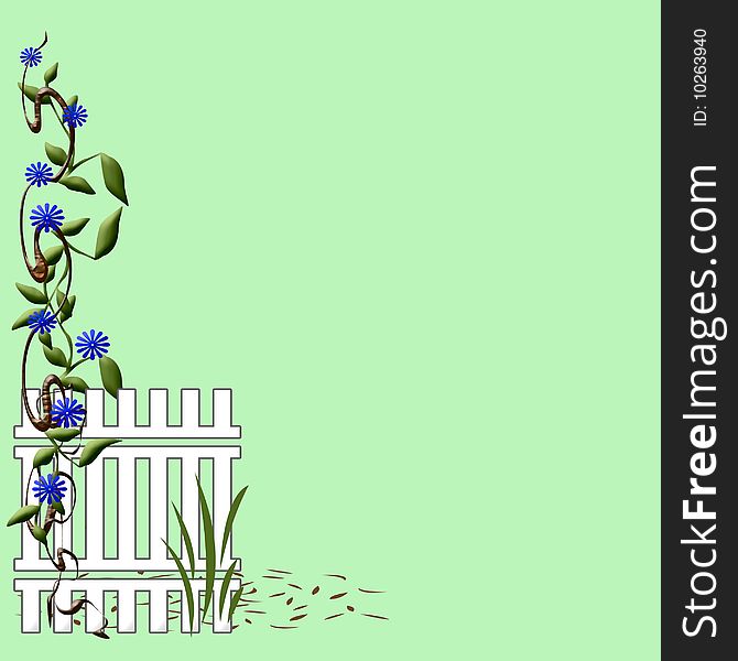 Woody vines and blue flowers on garden fence illustration. Woody vines and blue flowers on garden fence illustration