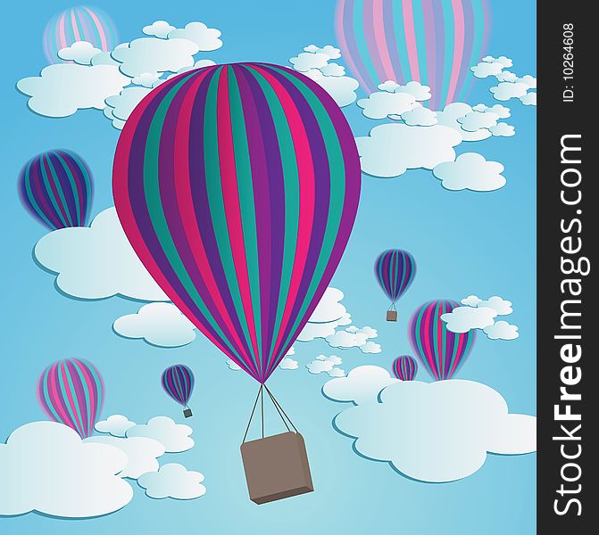 Colorful hot air balloons against a blue gradient sky with cartoon clouds.