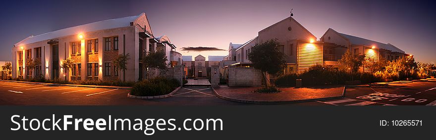 Panoramic photo of buildings at dusk. Panoramic photo of buildings at dusk